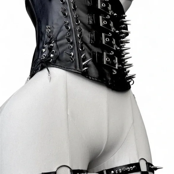 Black Custom Faux Leather Spiked Underbust Corset with Stainless Steel Chains - Picture 6 of 8